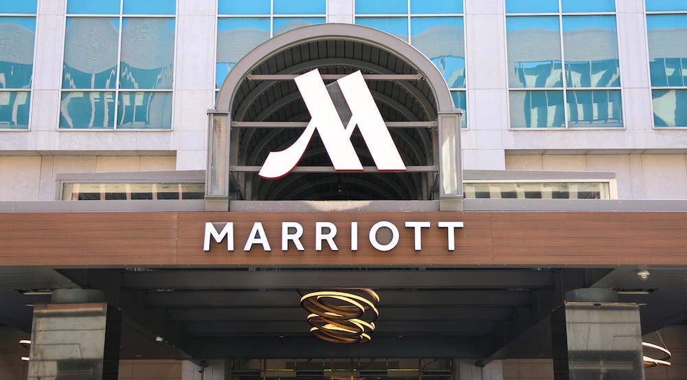 Marriott hotel facade and logo
