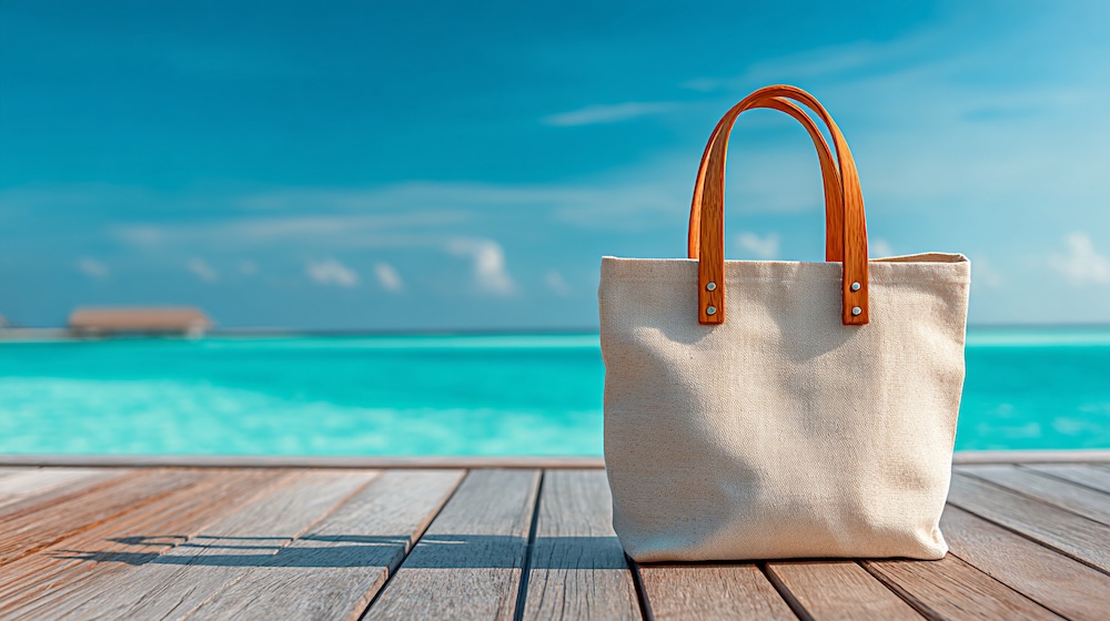 Canvas tote bag with wooden handles placed on wooden deck overlooking turquoise ocean and clear blue sky in a tropical beach setting