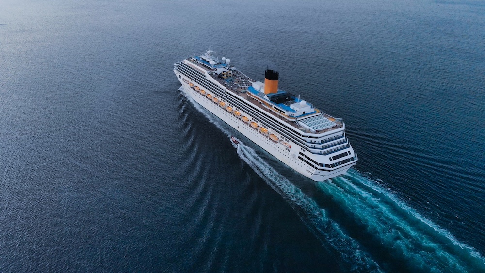 Aerial view of beautiful white cruise ship